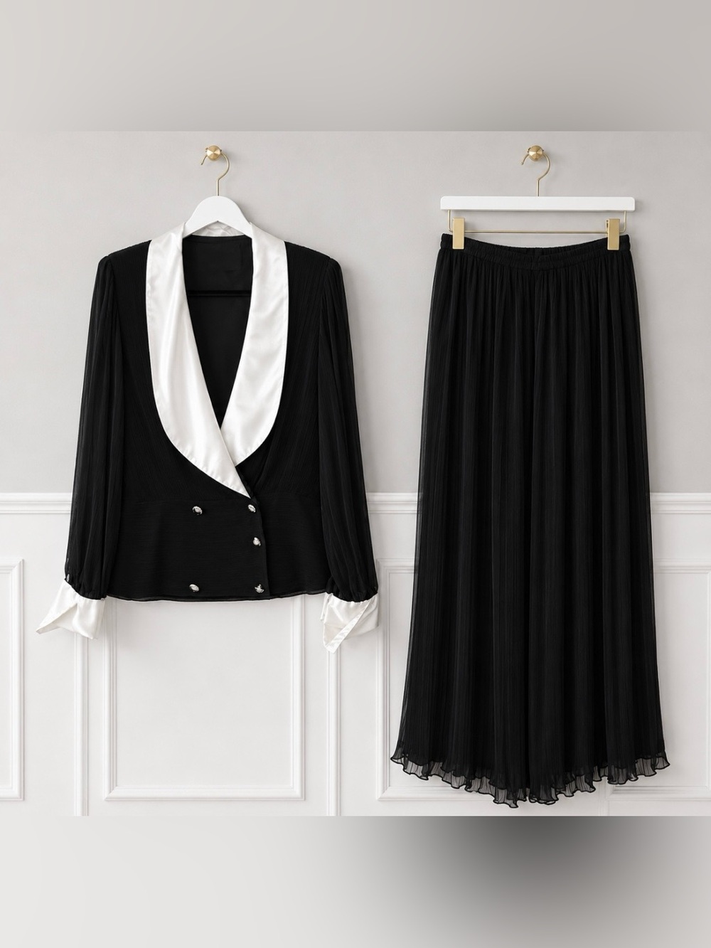 Miss Elliette Black Tuxedo Evening Blouse And Pleated Skirt Set Size 14